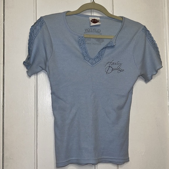 Harley-Davidson Baby Blue Lace Neckline Micro Ribbed Knit Babydoll Graphic Tee M - Picture 11 of 11
